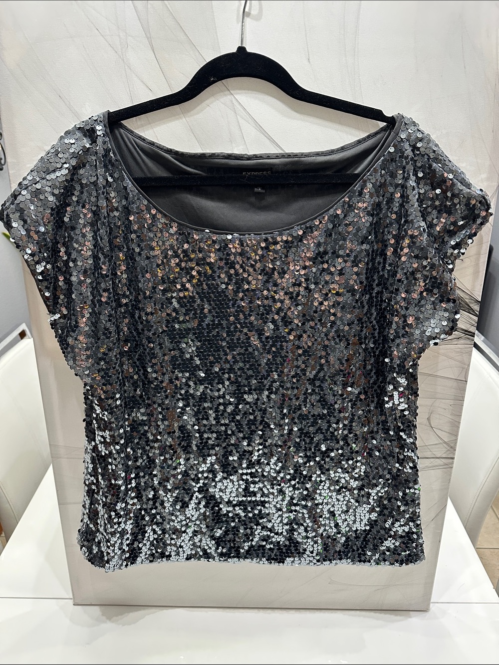 Express Silver Sequin Short Sleeve Scoop Neck Top L Party